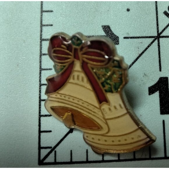 Vintage Christmas Bell Enamel Lapel Pin With Bow Holly - Picture 4 of 4